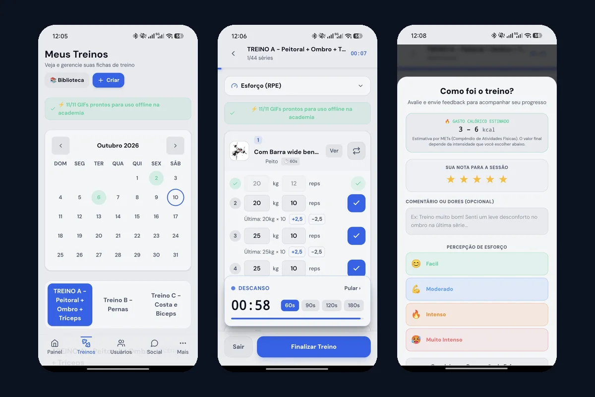 Três telas do aplicativo ENDORFINAPP no celular: calendário com a lista de treinos, execução do treino com cargas e cronômetro de descanso, e avaliação do treino ao final